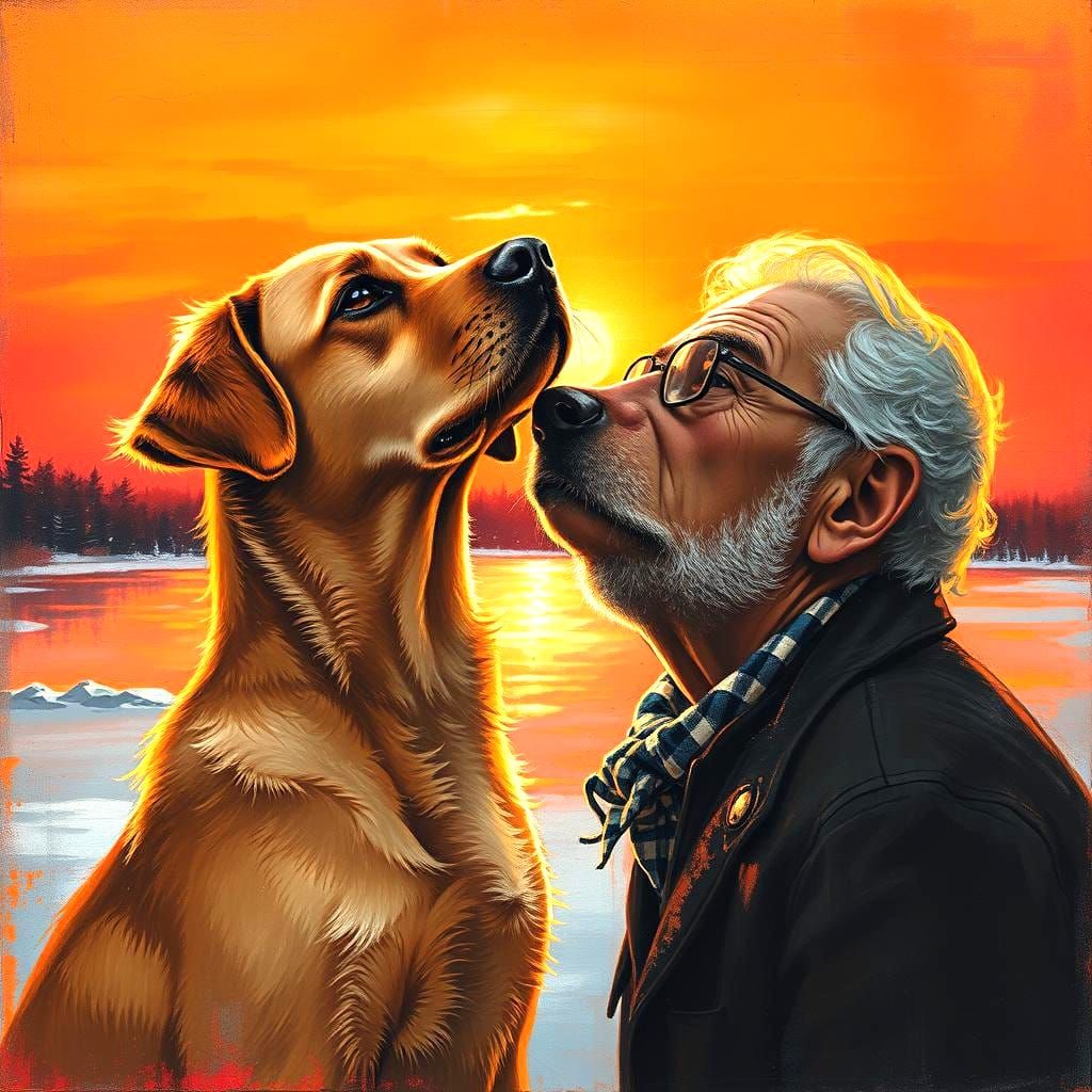 Golden Retriever and Owner Portrait in Autumn Evening Light