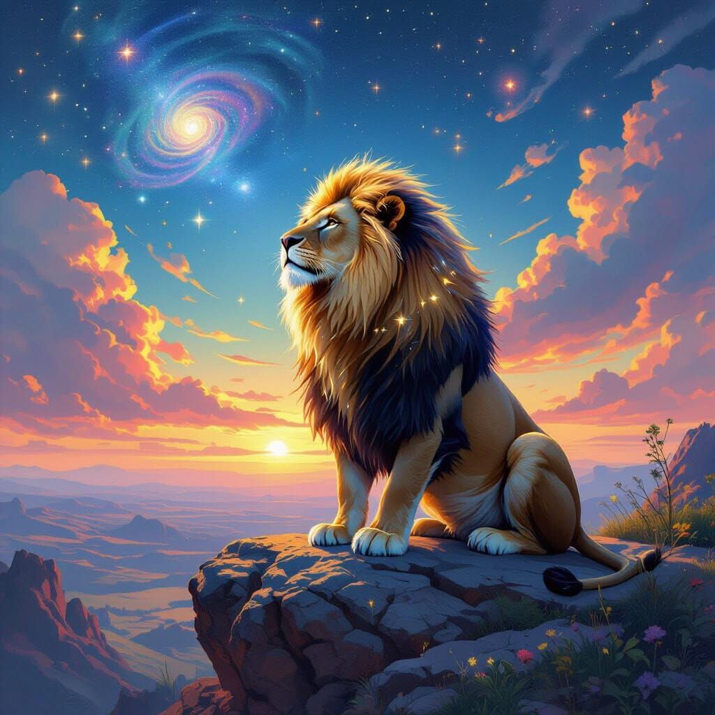 Lion with Starlight Mane Overlooking Alien Landscape