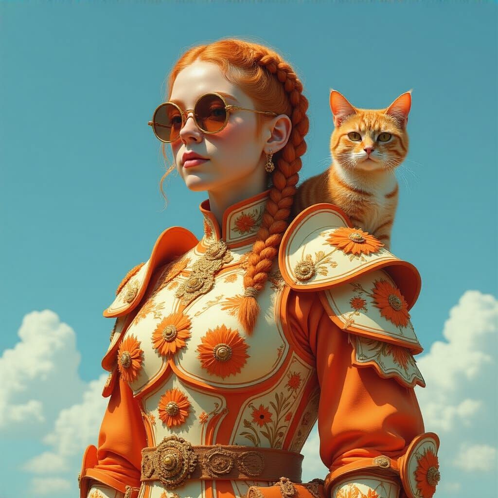 Armored Figure with Cat in Fantasy-Modern Style