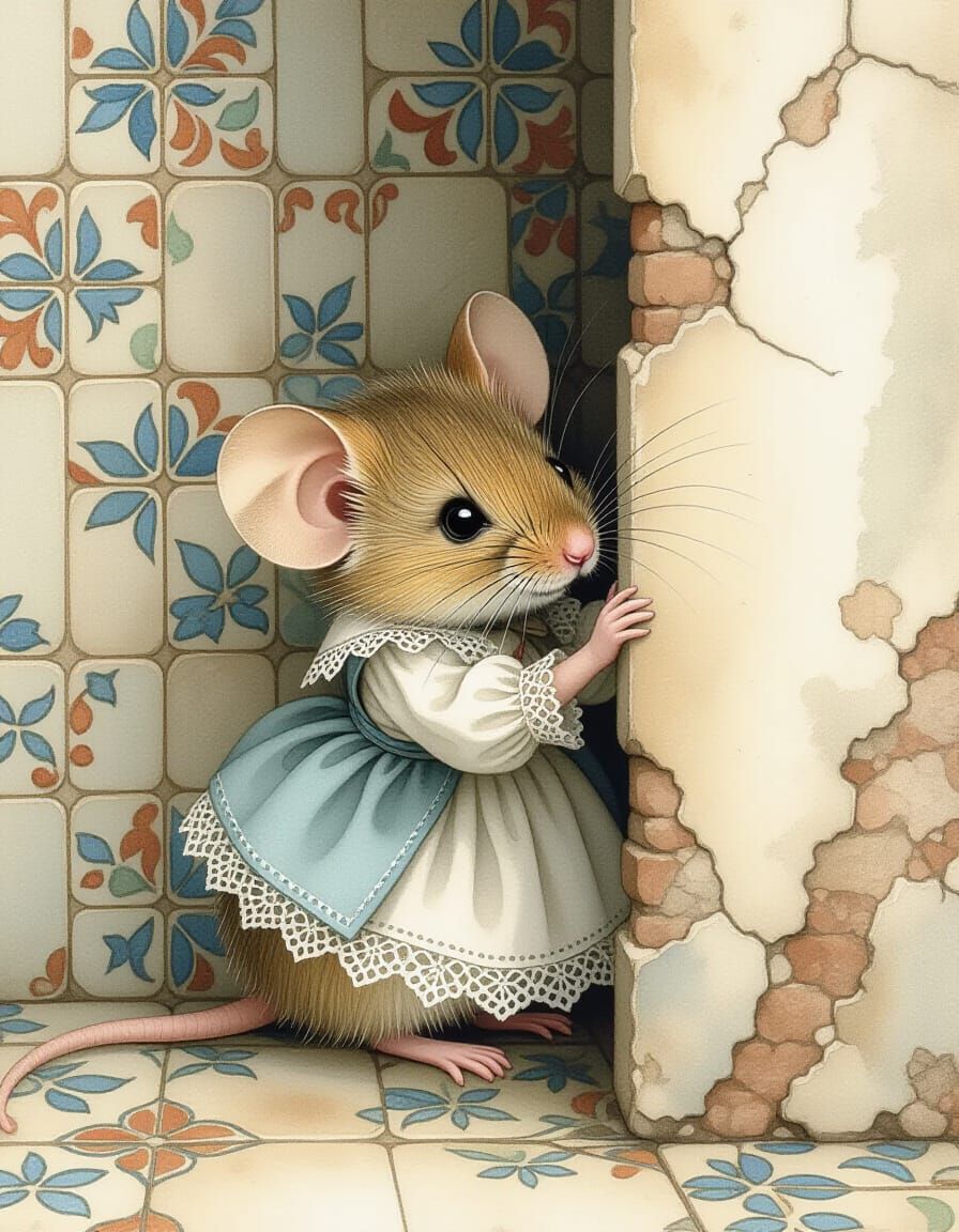 Victorian Mouse Hiding: An Aquarelle Drawing