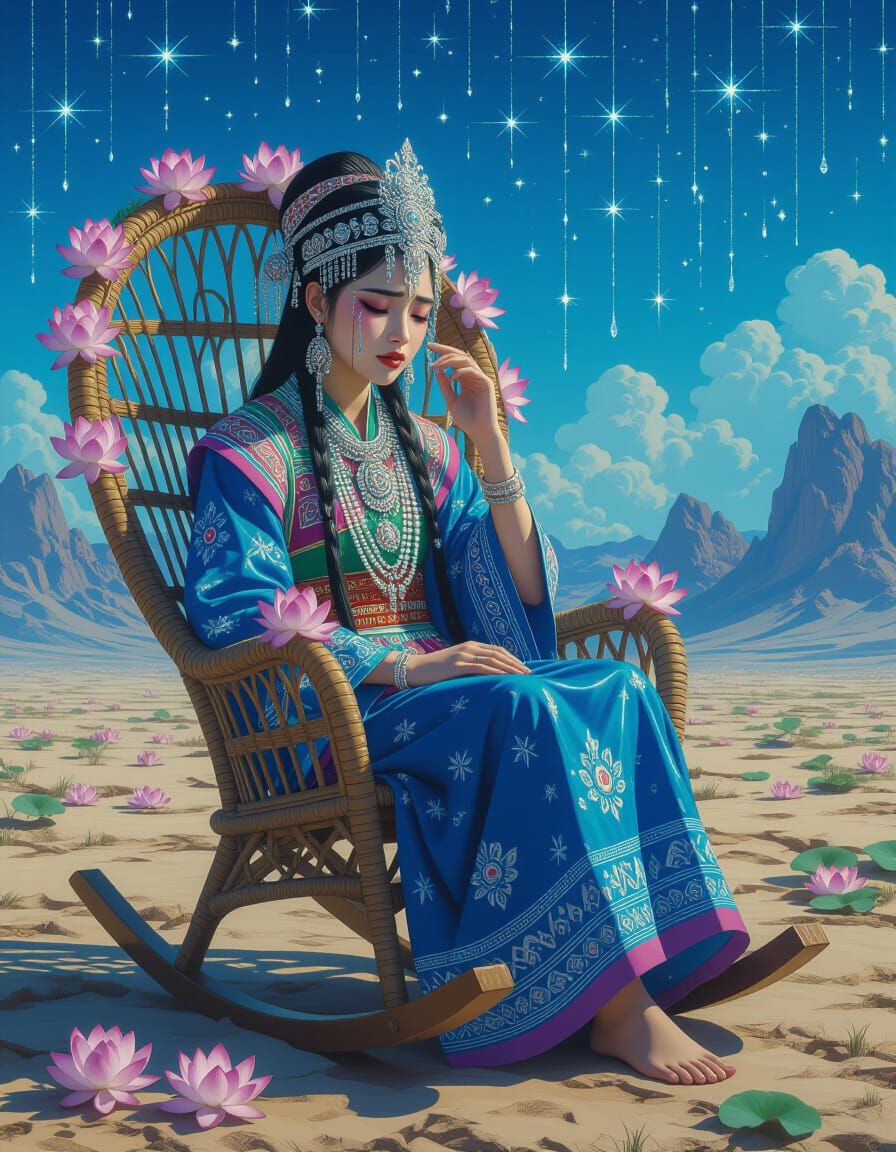 envision a Hmong deity sitting in a rocking chair made of wo...