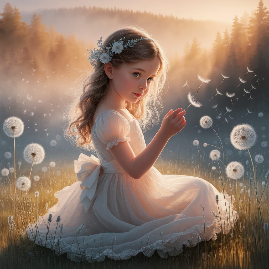 „Ein Hauch von Wunsch im goldenen Licht – Dandelions tanzen, Gedanken fliegen, Stille umarmt den Tag“