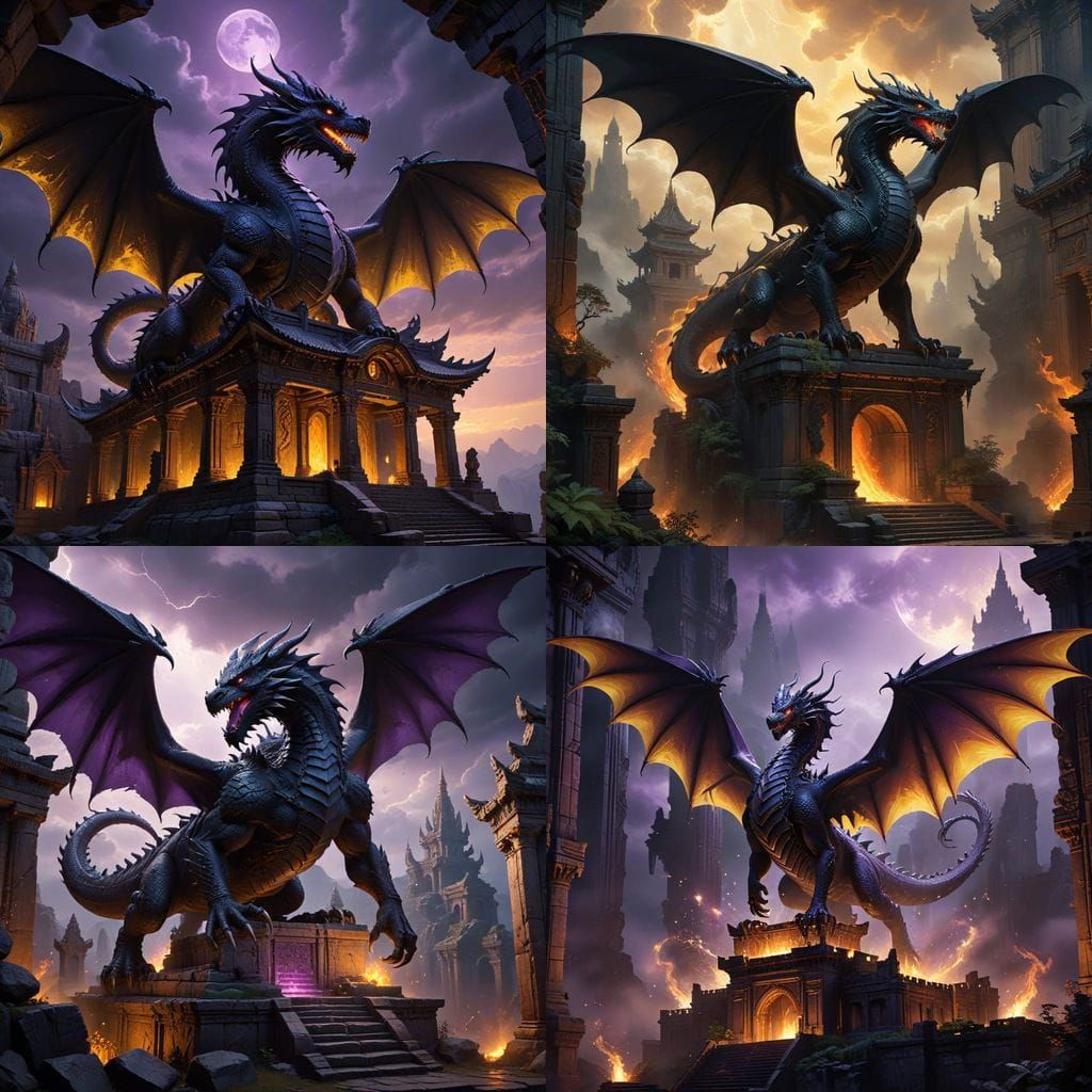 Dark Fantasy Dragon Above Temple