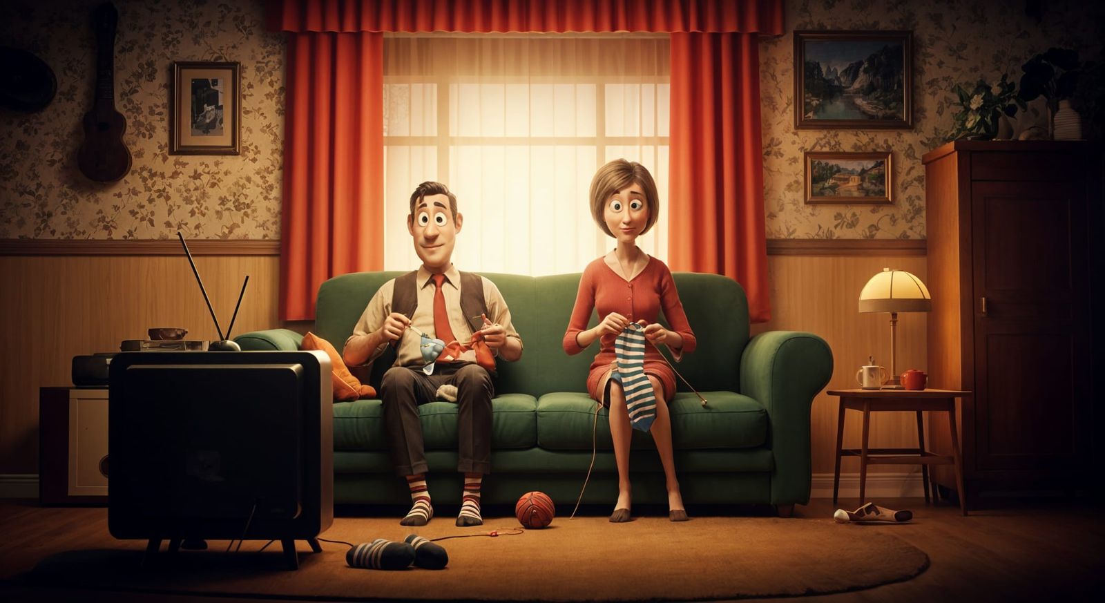 Humorous 3D Render of Couple Watching TV
