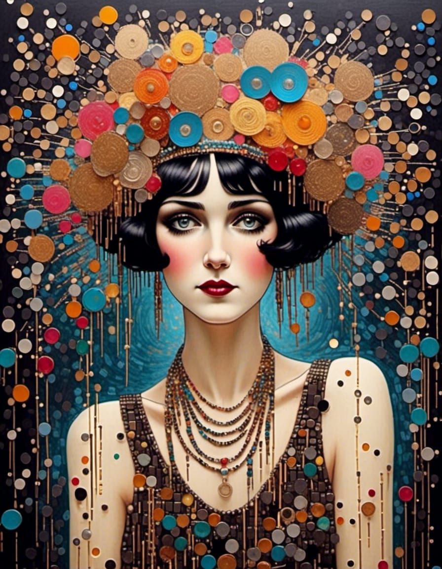Flapper Girl in Klimt Style with Art Deco Confetti