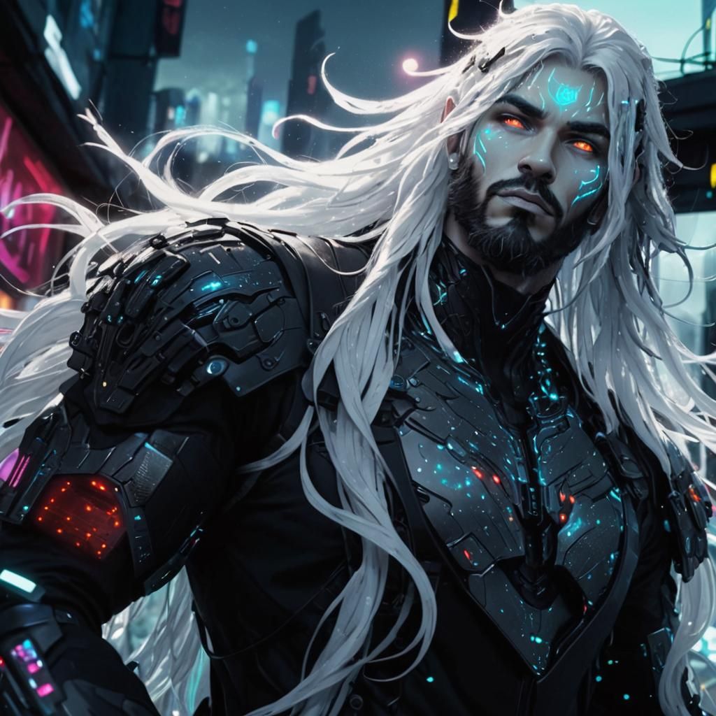 Cyber Bioluminescent Fae Man in Neon City