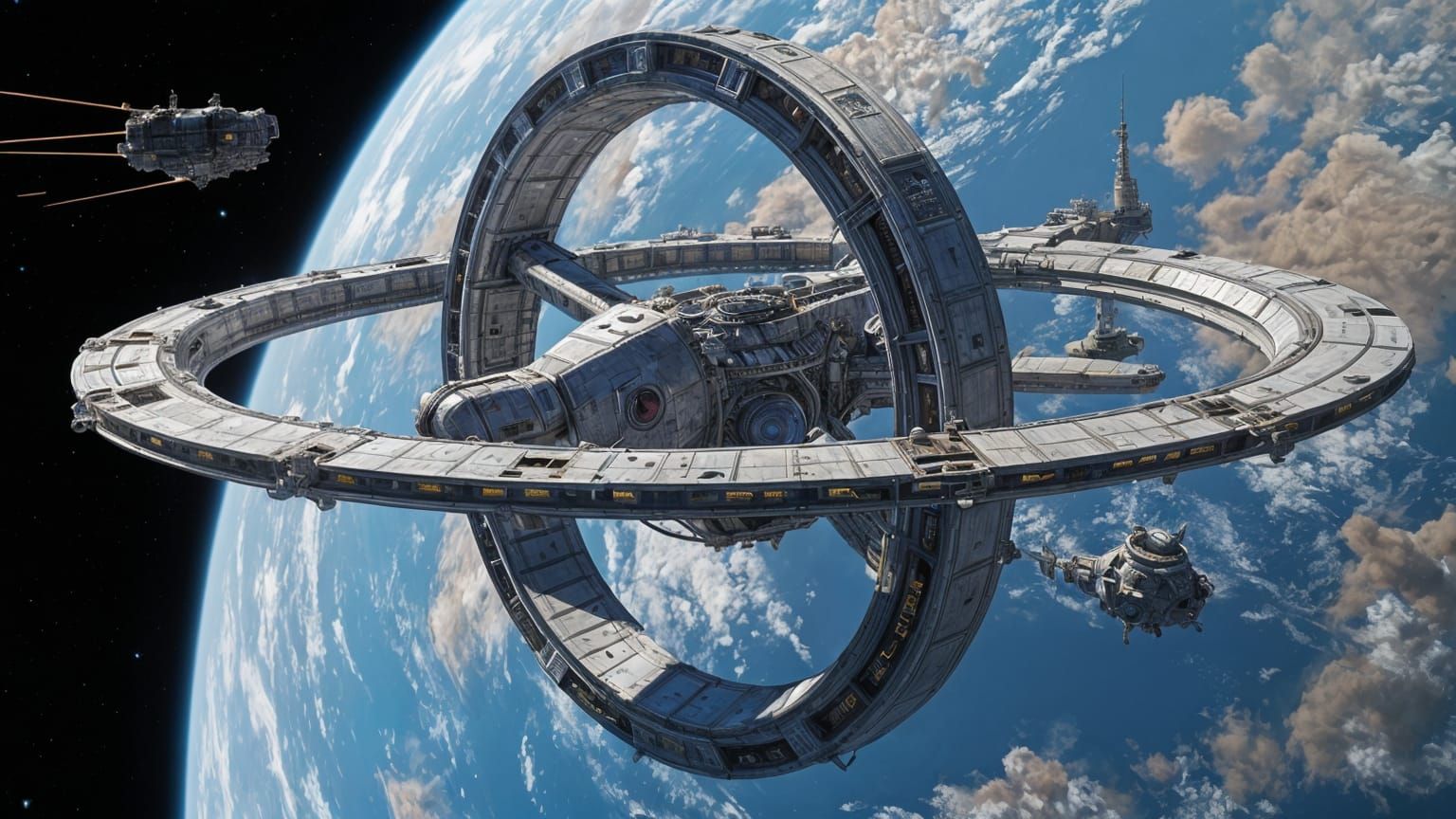 Cosmic Ring Station in Orbit around a Turquoise Planet