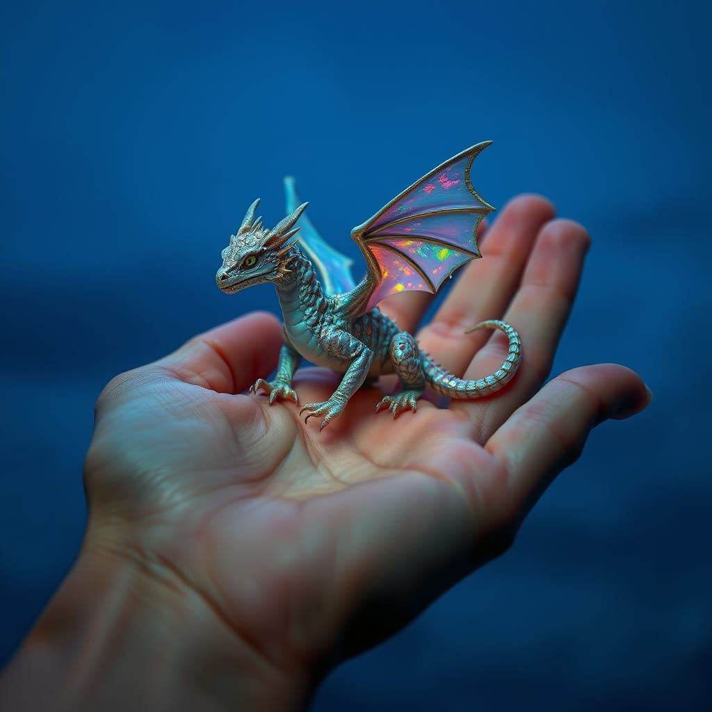 Majestic Iridescent Dragon in Human Palm
