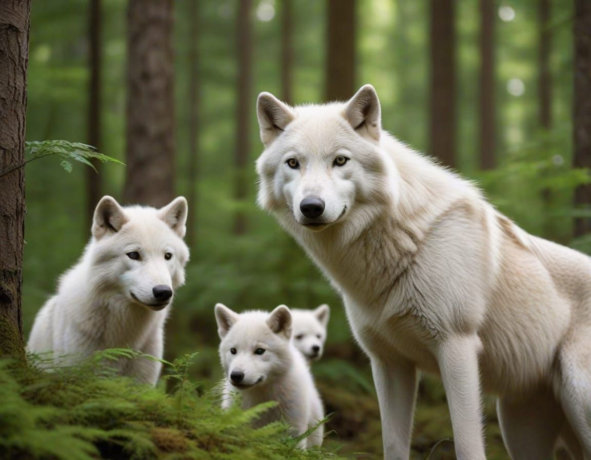 Serene White She-Wolf Protects Her Cubs in Forest