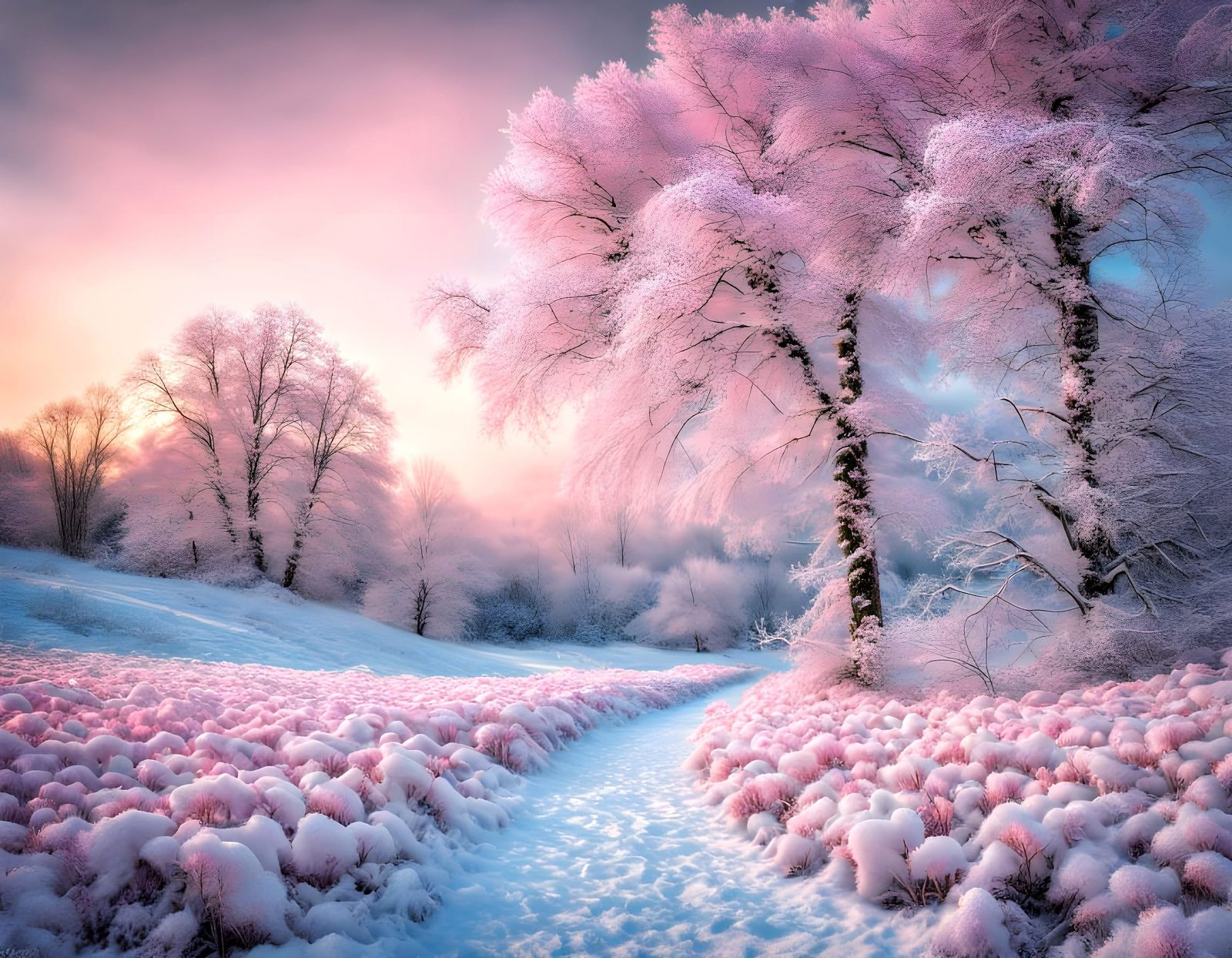 Cosmic Winter Wonderland with Pink Hearts and Celestial Eyes