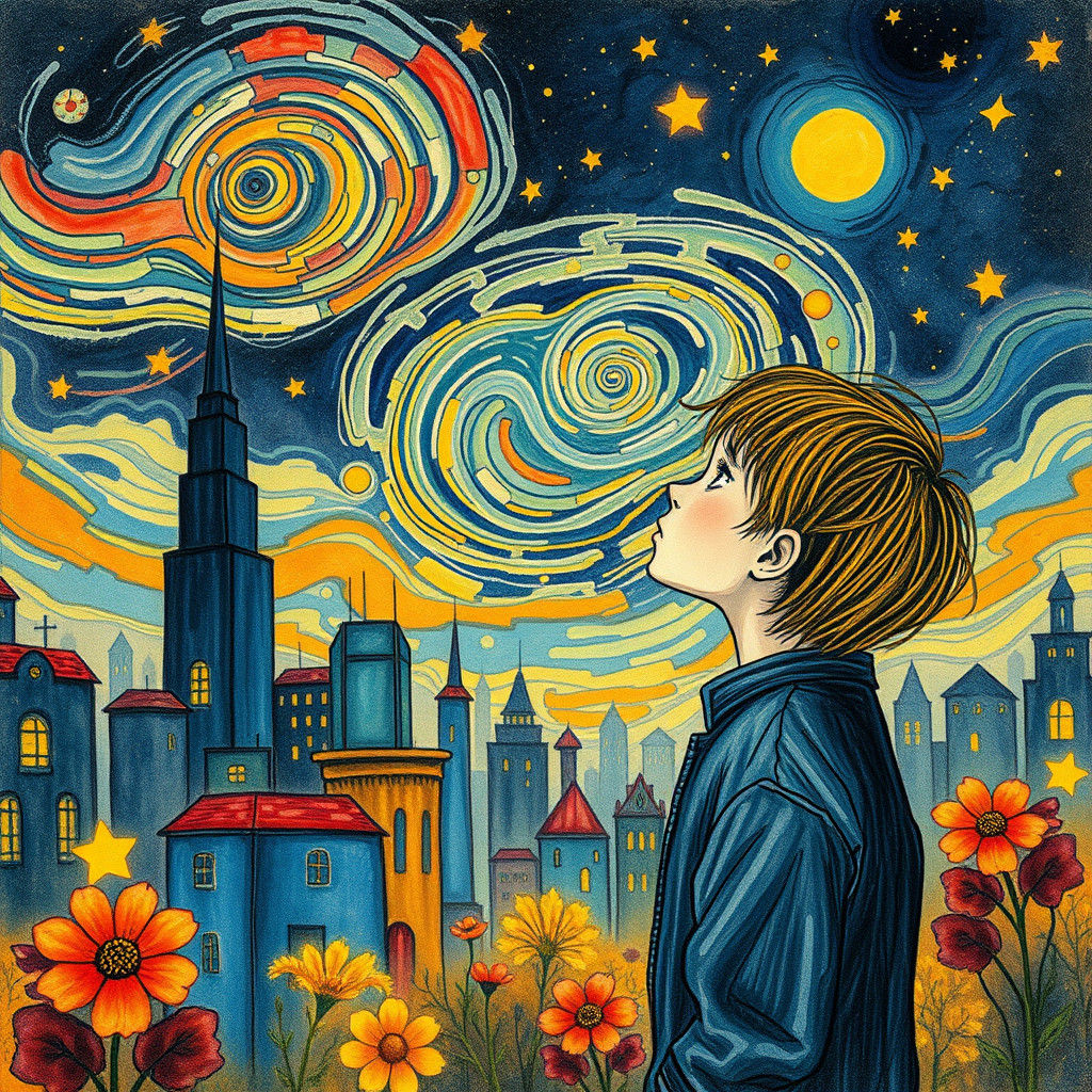 Cosmic Cityscape in Childlike Crayon Style