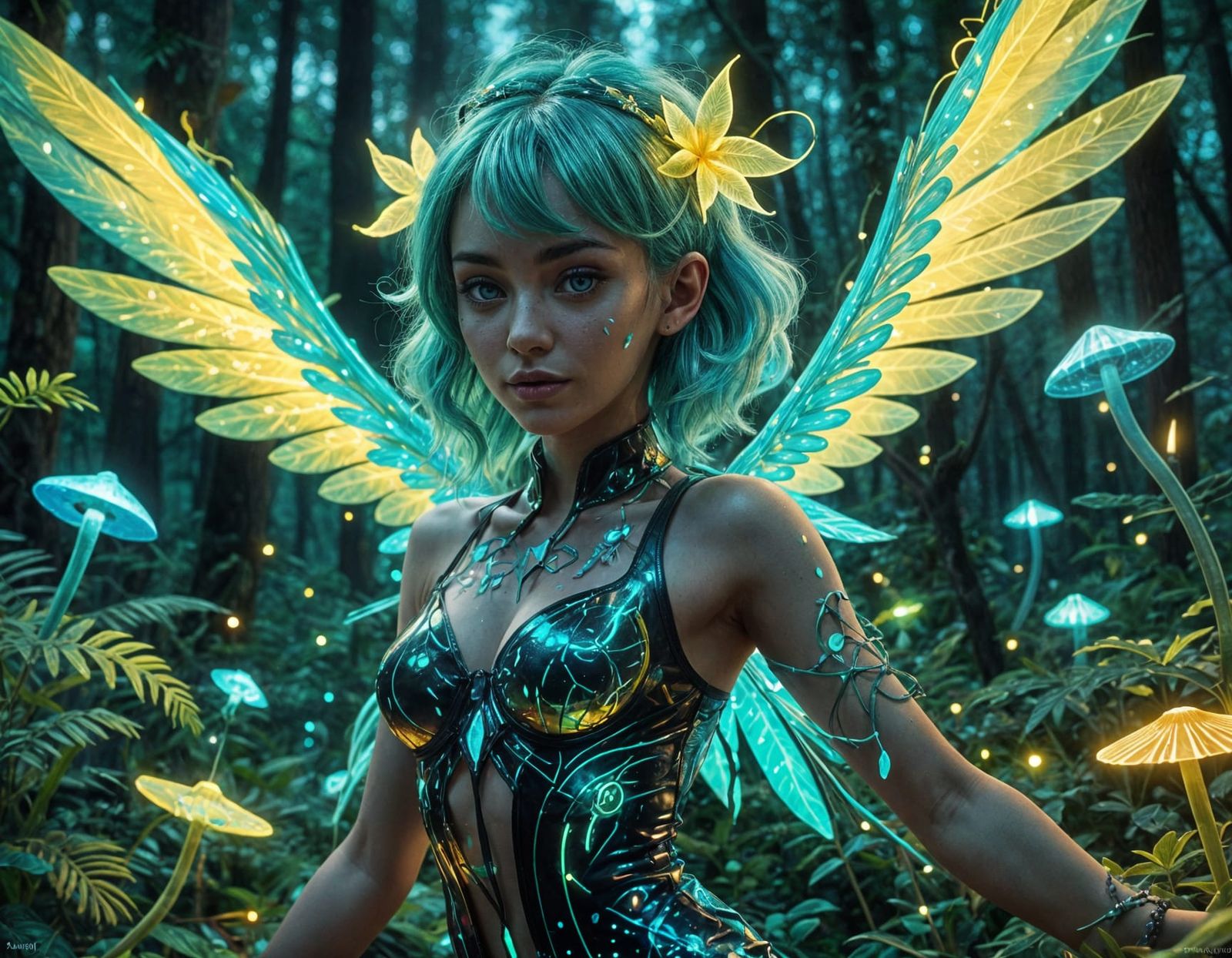 Anime Rave Girl Dancing in Bioluminescent Forest