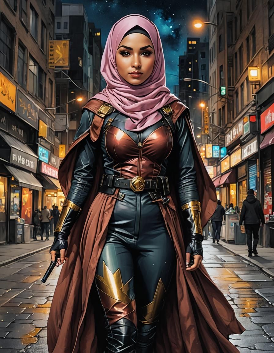 Hyperealistic Superhero Woman Fighter in City Street Scene
