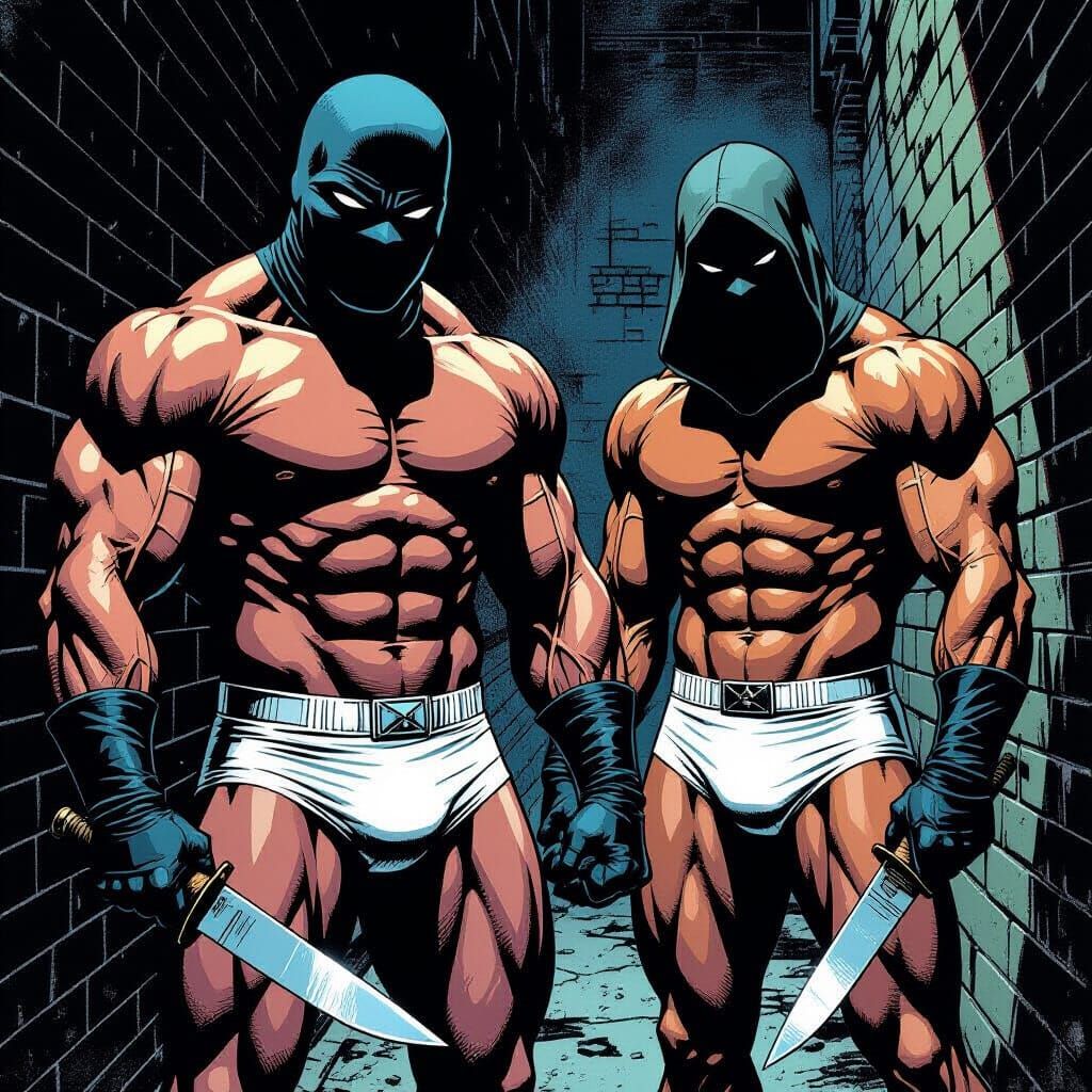 Menacing Muscular Pair in Gritty Alleyway Comic Style