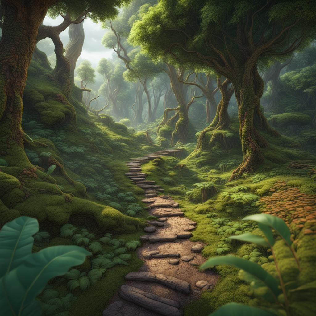 Lush Forest Hiking Trail: Detailed Matte Painting