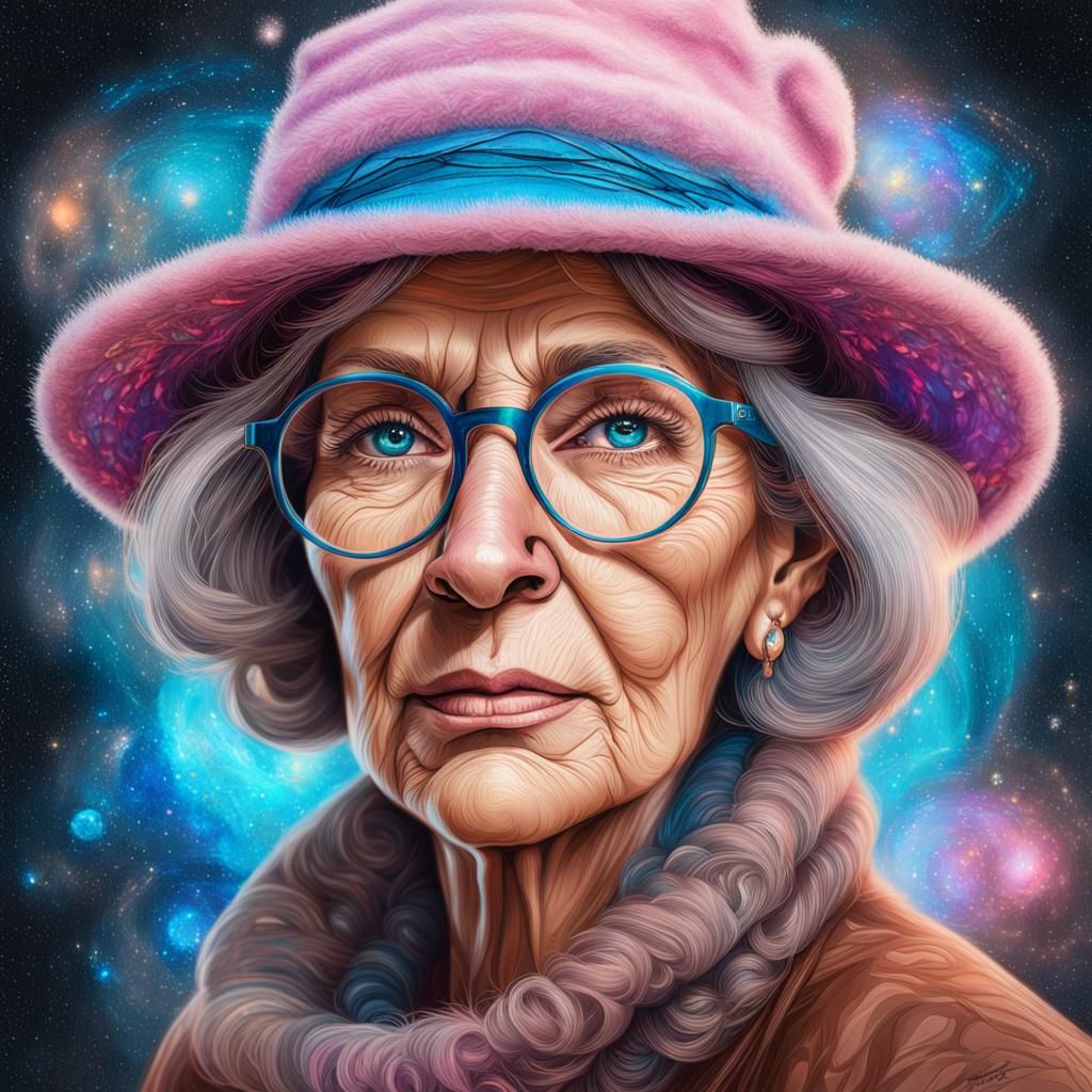 Elderly Woman in Holographic Cosmic Illustration