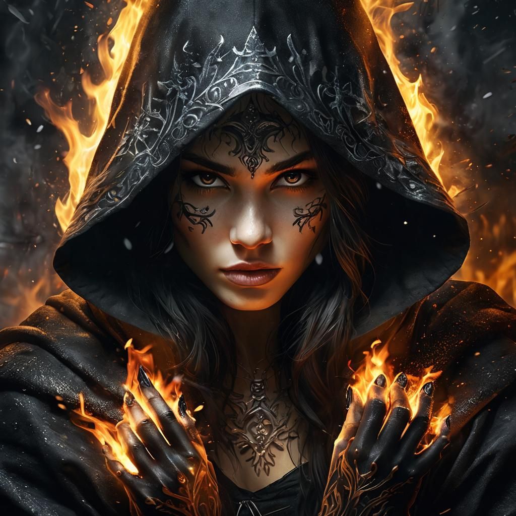 Mystical Woman with Fire in Dark Fantasy Style