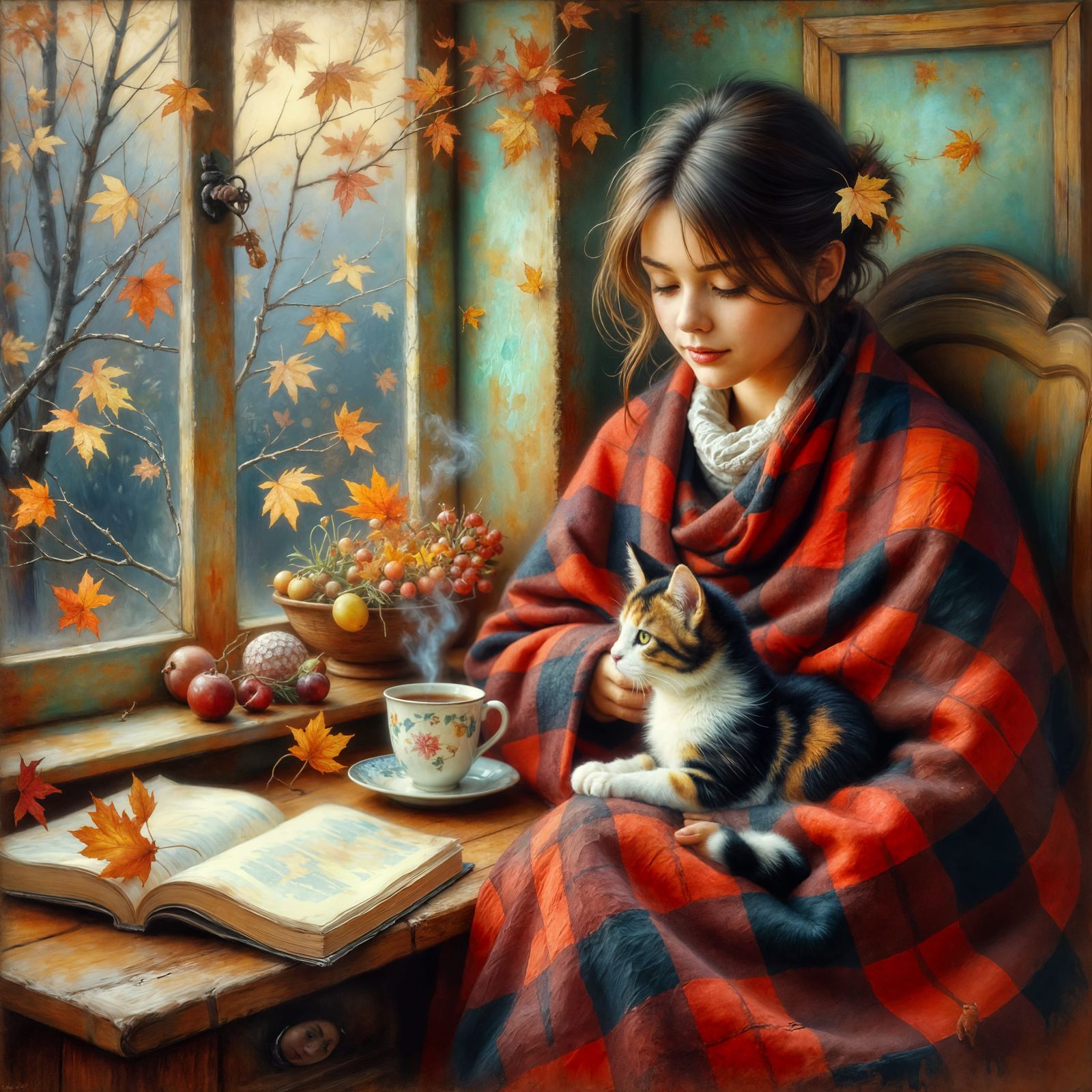 Cozy Autumn Scene: Woman, Cat, and Tea by Window