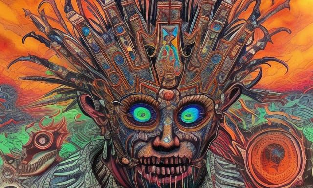 Psychedelic Aztec Crown in Mystical Horror Style