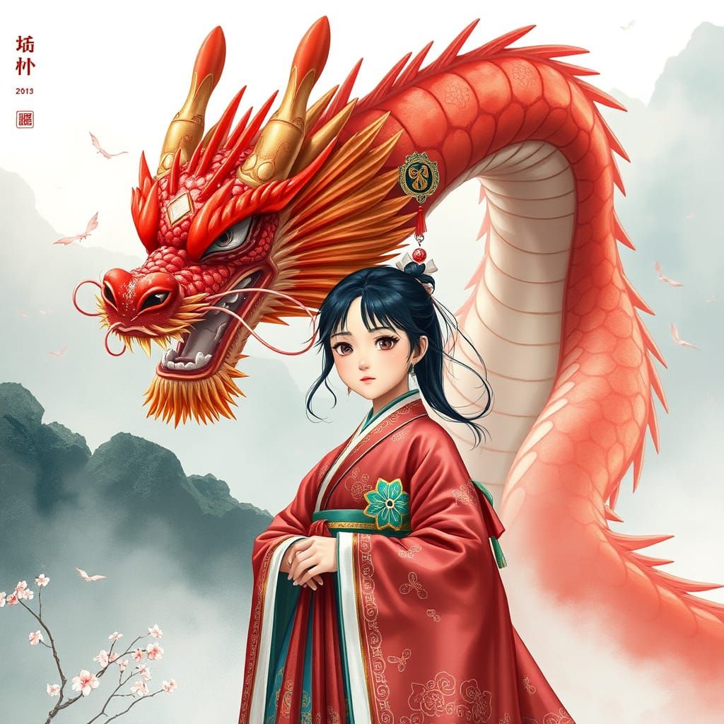 Confident Korean Girl Stands Beside Majestic Ruby Dragon in ...