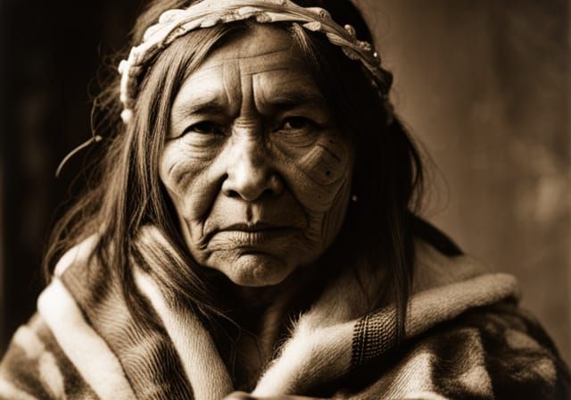 Native American Woman with Tattoos in Fur Coat