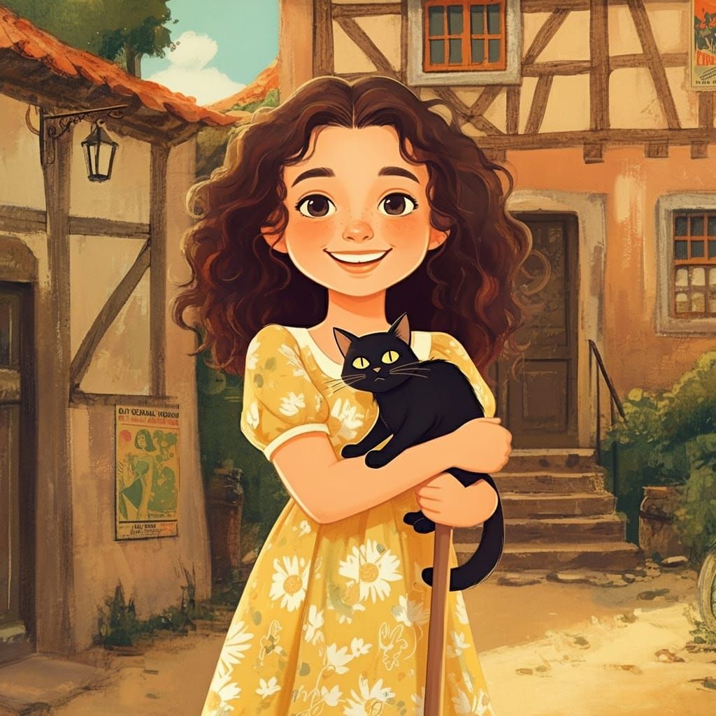 Vintage Traveler Girl in Yellow Dress, Holding Broom and Cat