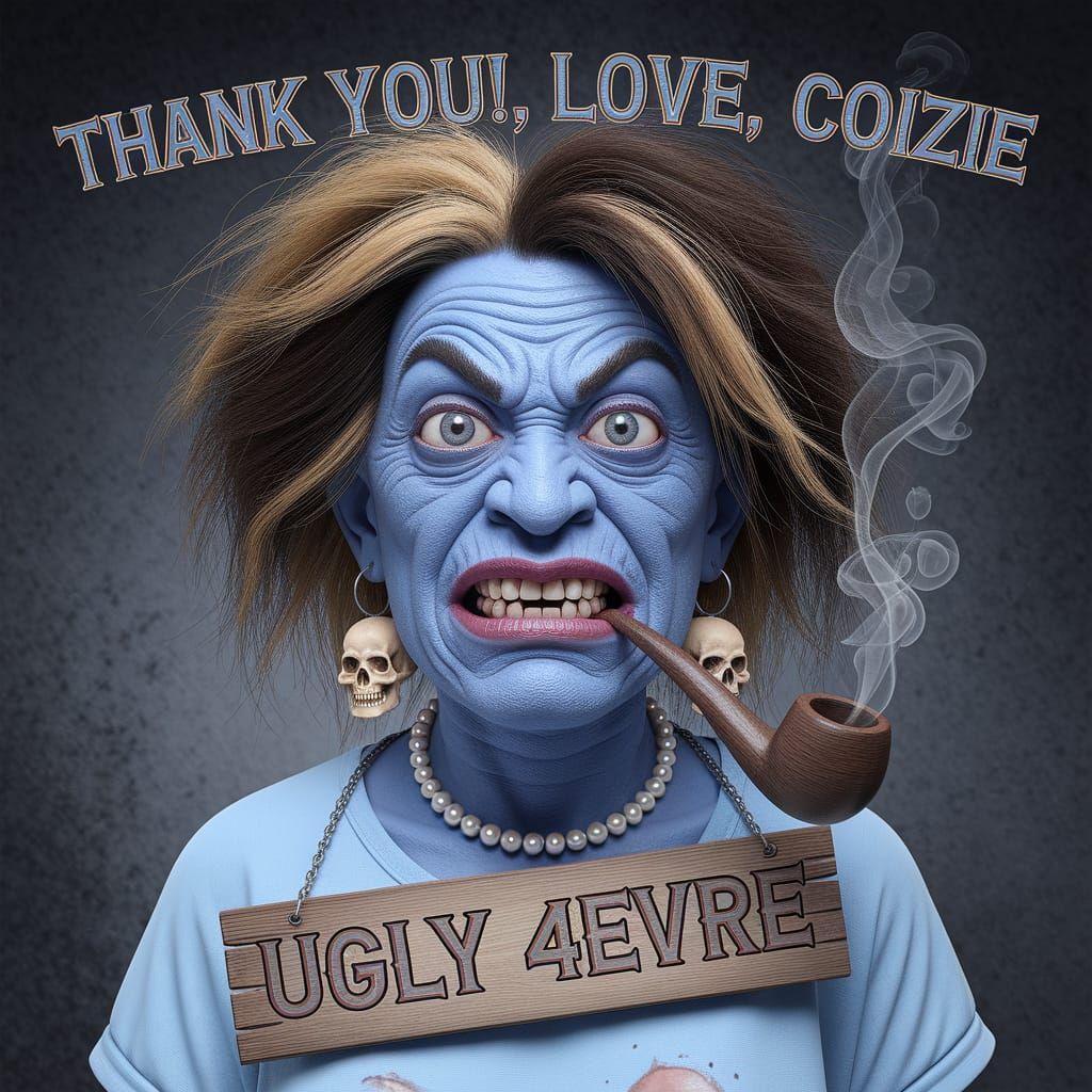 Ugly Woman Smoking Pipe in Exaggerated Cartoon Style