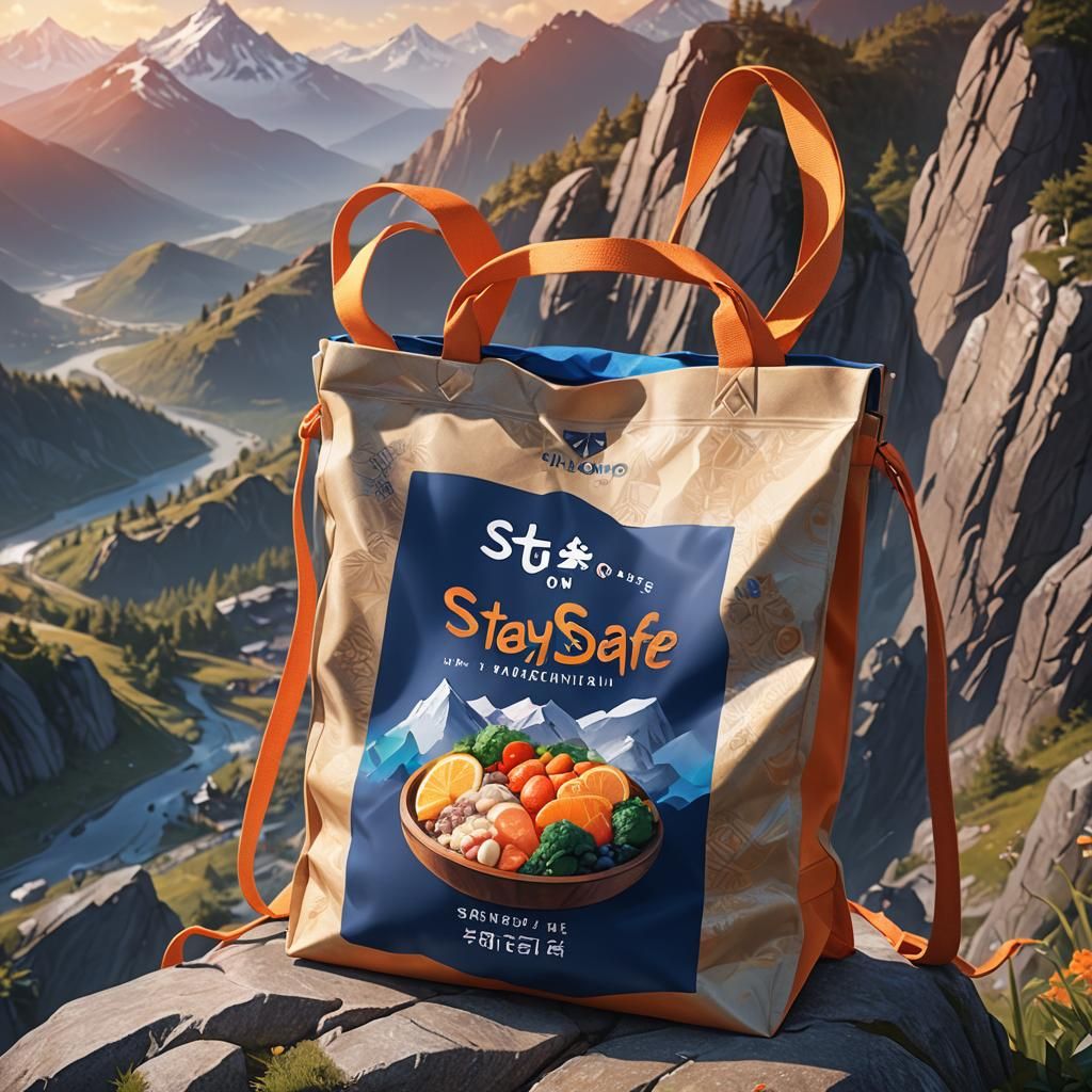 Anime-Style Food in Backpack, Mountain Landscape
