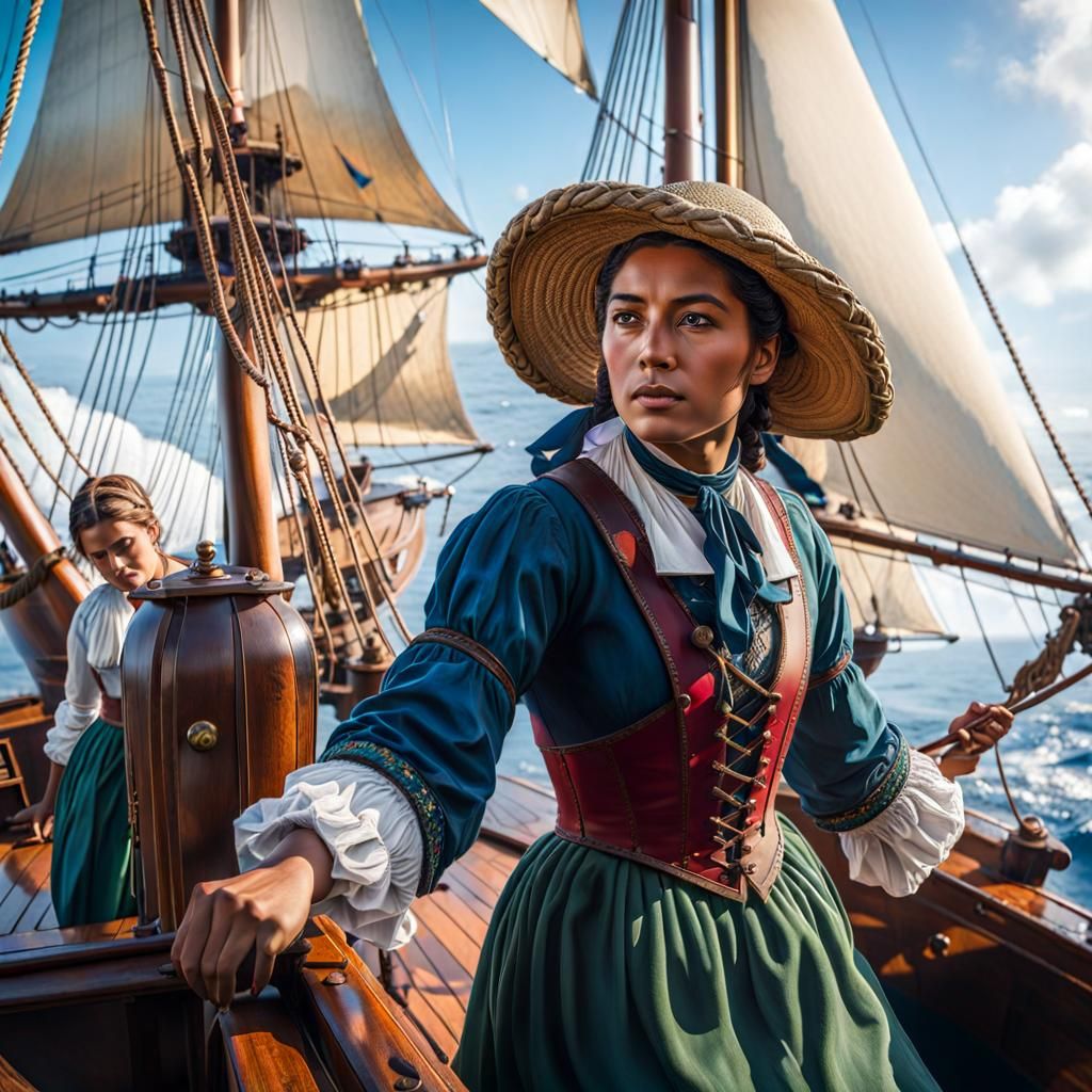 English Women on Sailing Ship: Hyperrealistic Splash Art
