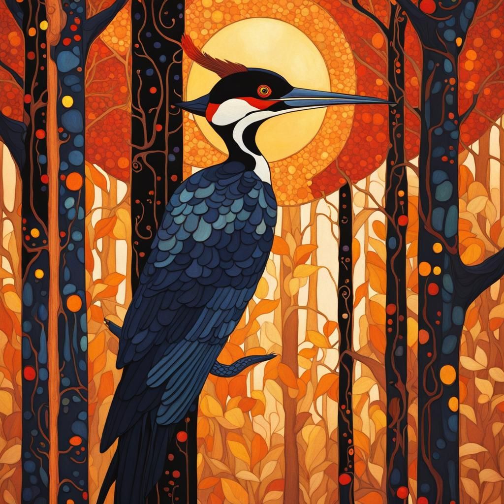Art Nouveau Woodpecker in Mystical Forest