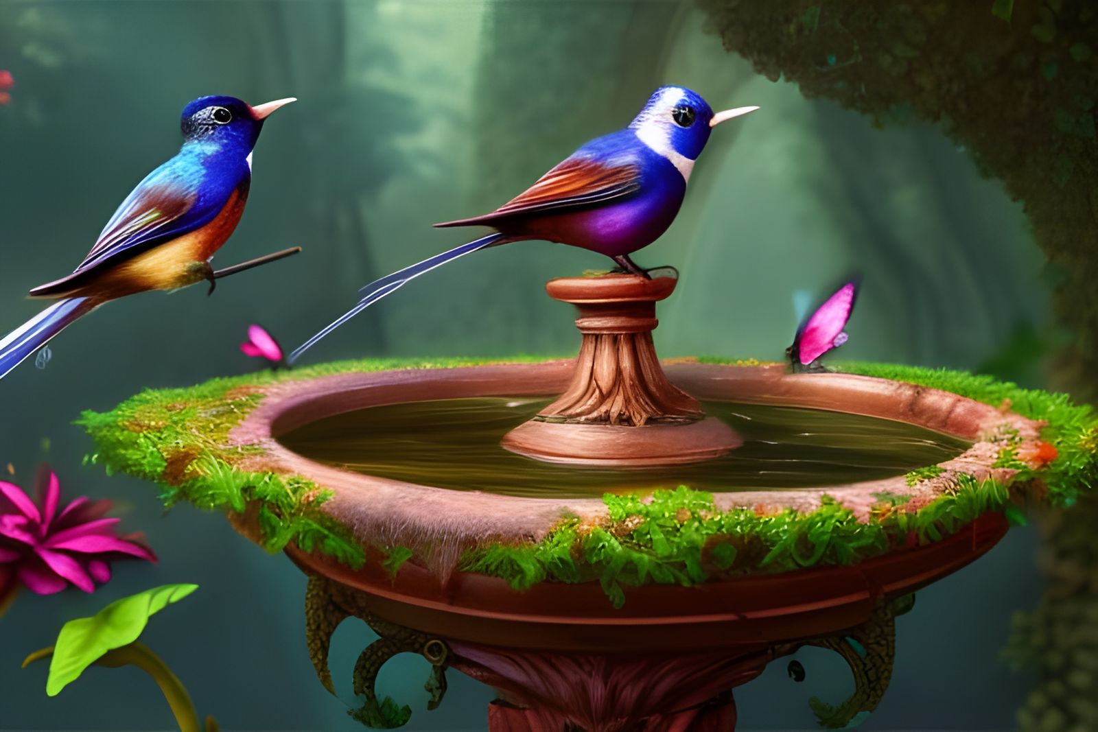 Songbirds in Elaborate Birdbath, Impressionistic Style
