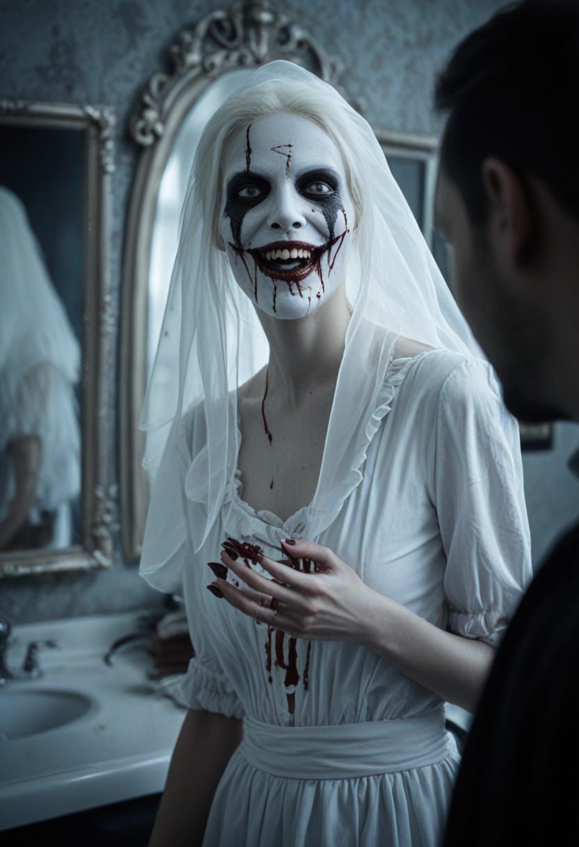 Terrifying Bloody Mary Grin in Mirror Reflection