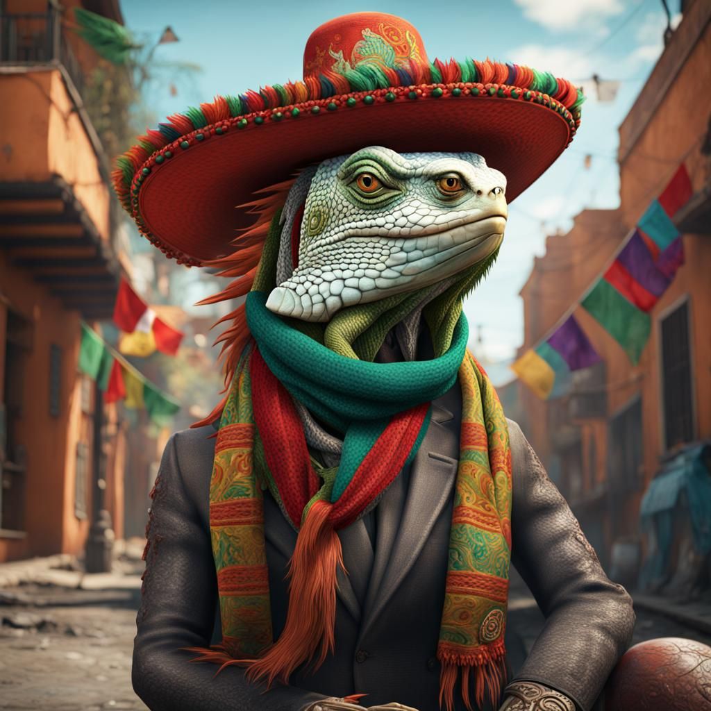A iguana wearing an embroidered Mexican hat and an embroider...