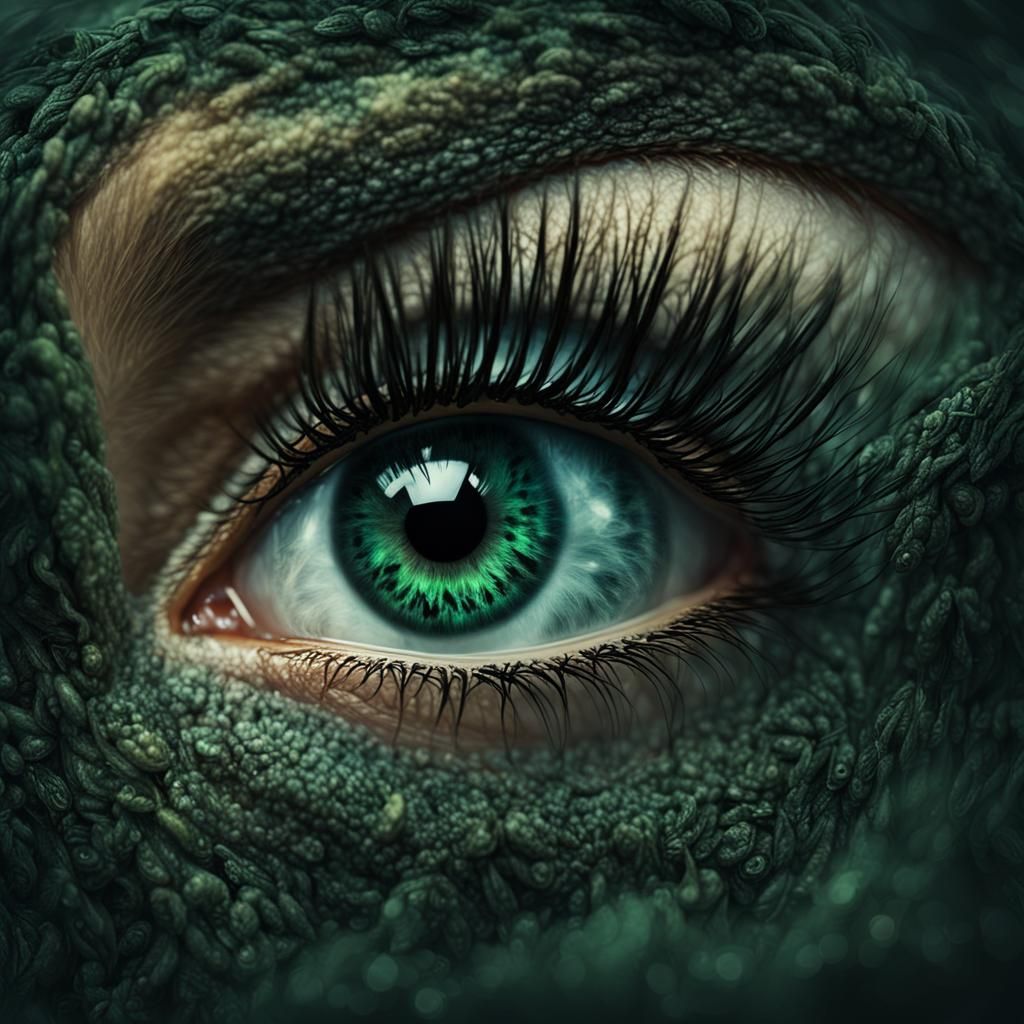 two dark green eyes with long black eyelashes, two eyes, Epi...