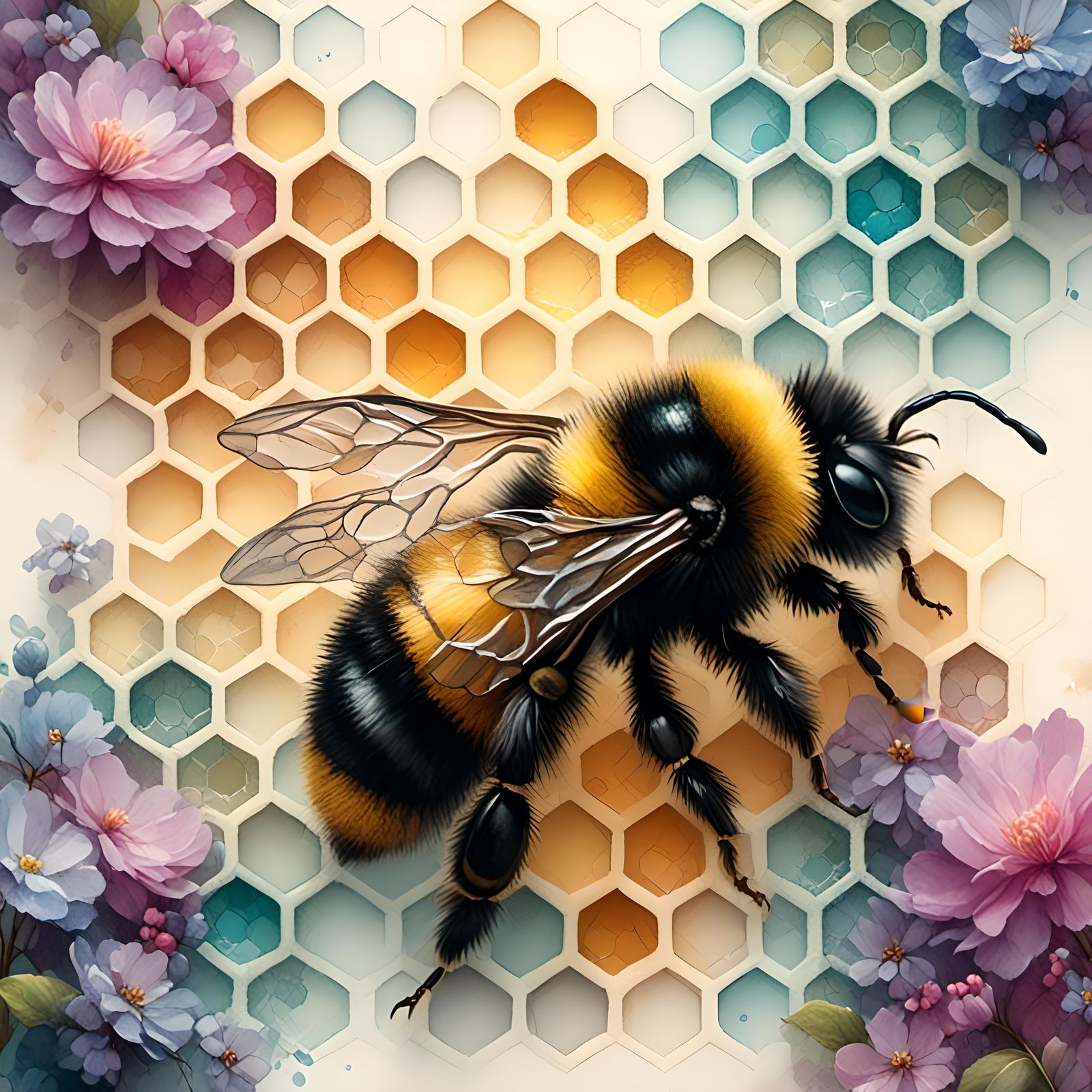 Watercolor Bumble Bee with Honeycomb