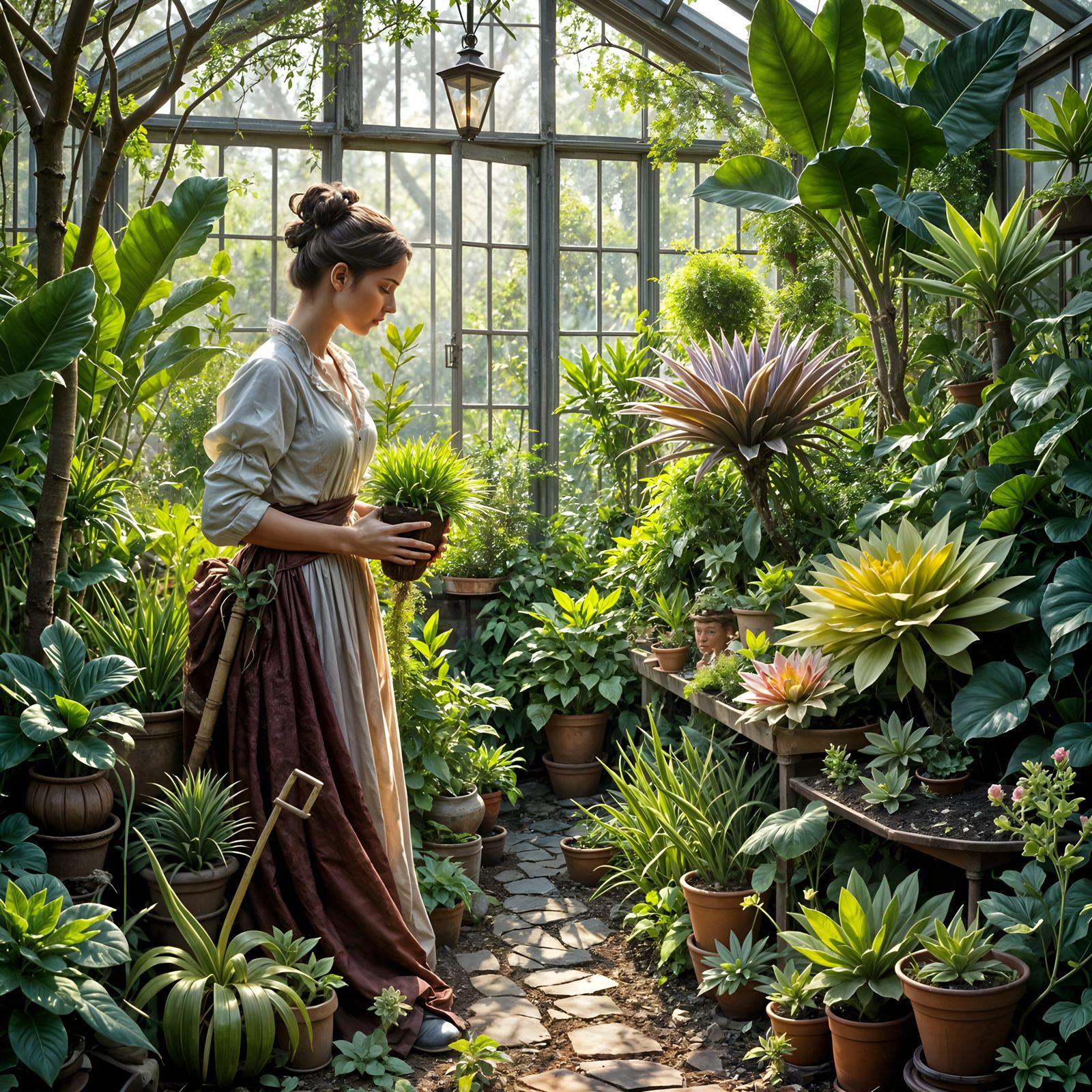 Victorian Gardener Tends Alien Plants in Sunlit Greenhouse