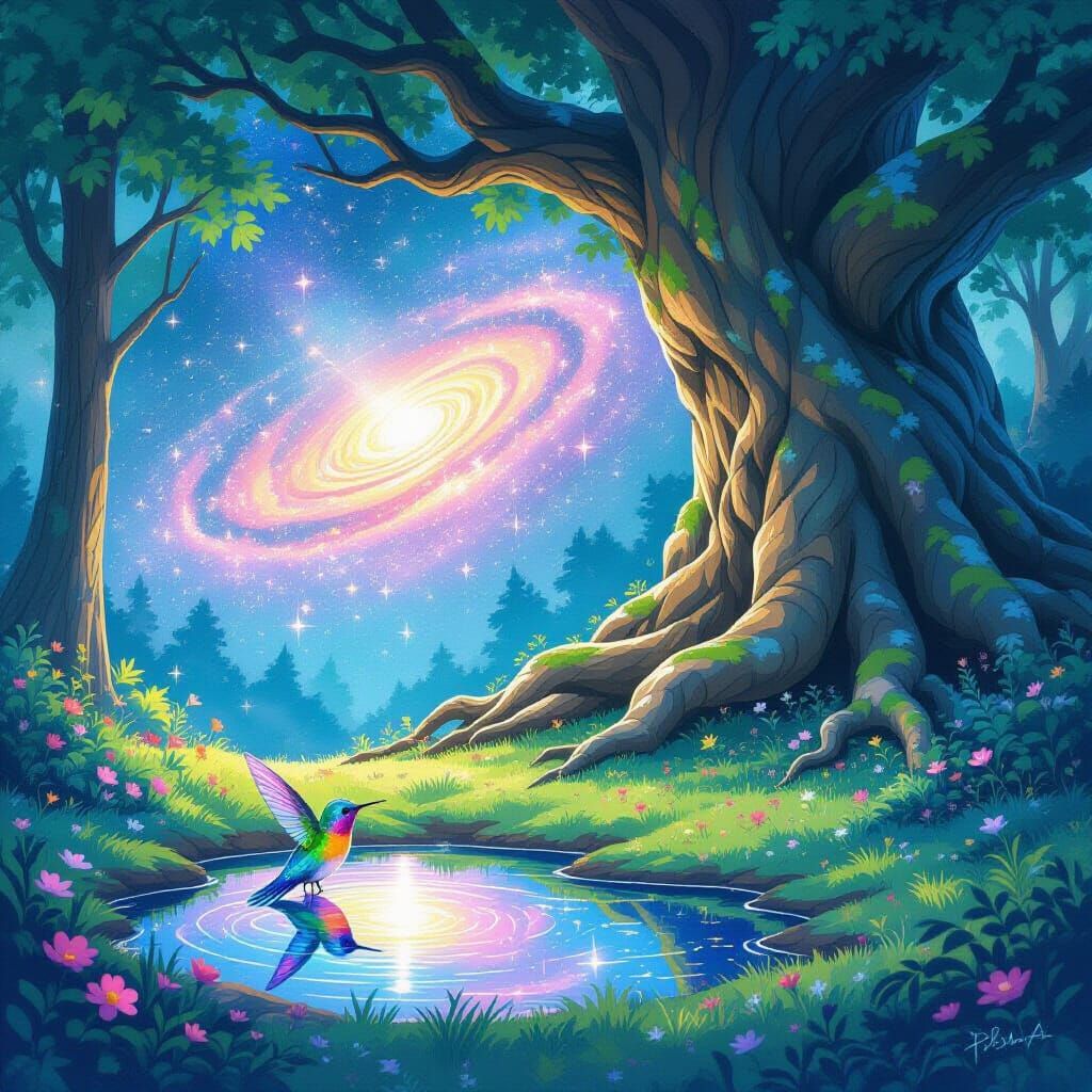 Magical Hummingbird Drinks Galaxy Reflection in Enchanted Fo...
