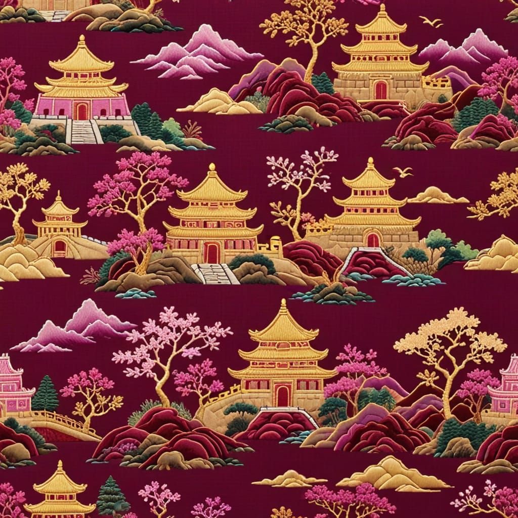 Embroidered Asian Landscape with Temple and Wall