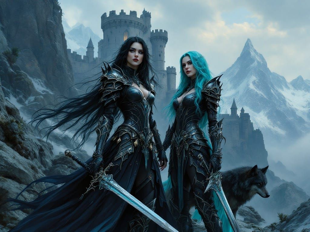 Gothic Warrior Women in Turquoise Armor Stand Before Castle ...