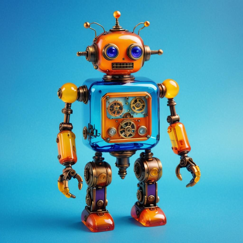 Steampunk Glass Robot Sculpture on Blue Background