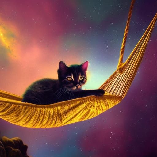 Nebula Kitten Sleeping in Hammock, Fantasy Art