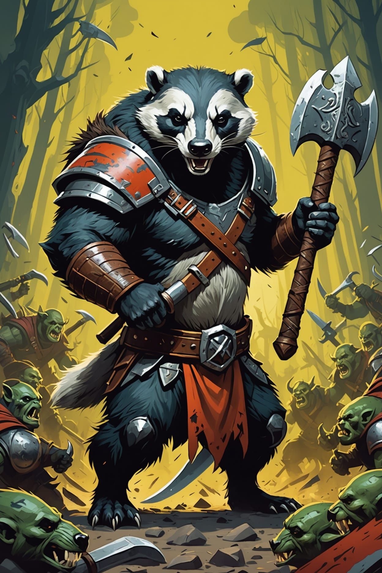 Barbarian Badger Fighting Orcs in Abstract Art Style