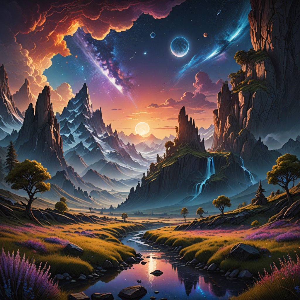 Cosmic Dawn Landscape in Cinematic Oil Painting Style