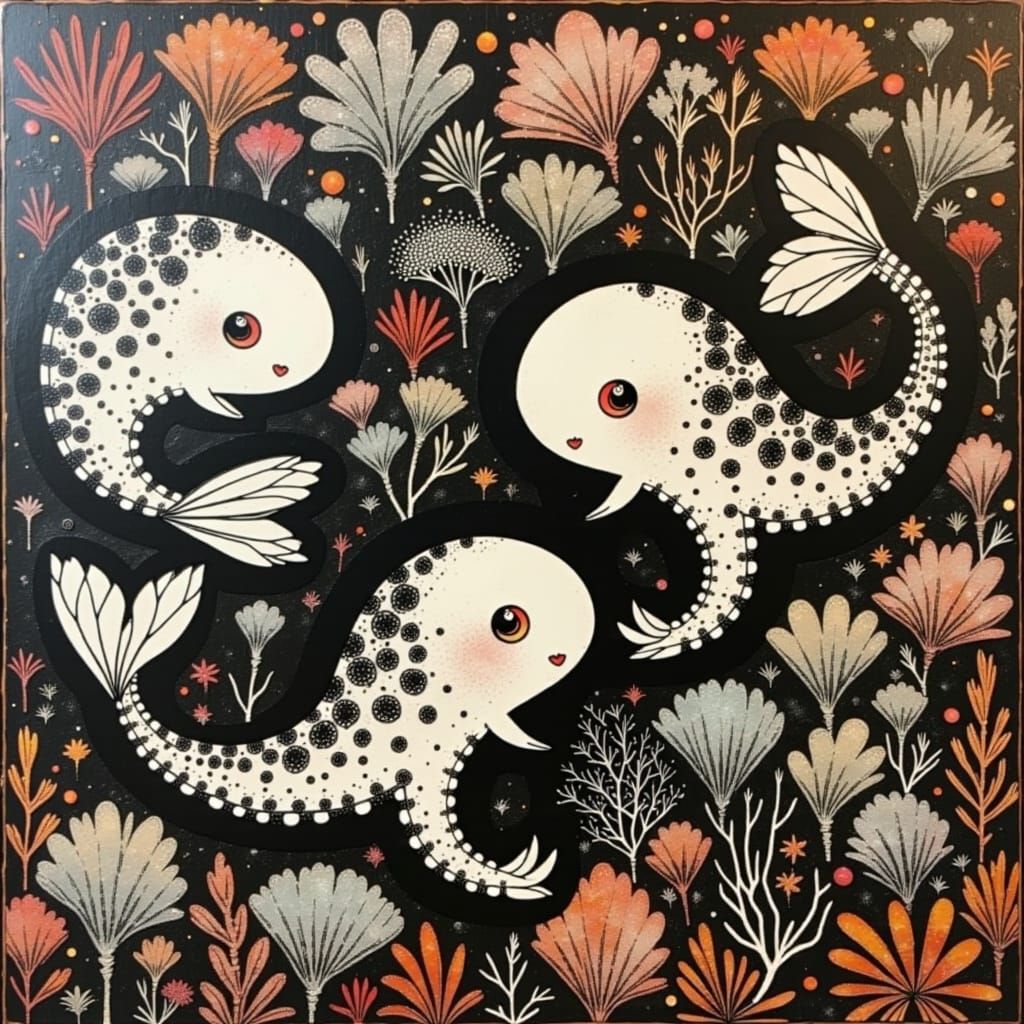 three cute black and white round, blob-shaped hybrid mermaid elephants with ocean tails, half mermaid half elephants, wi...