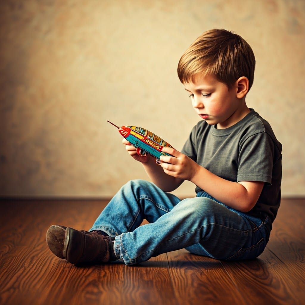 Boy with Toy Spacecraft in Nostalgic 1950s Style
