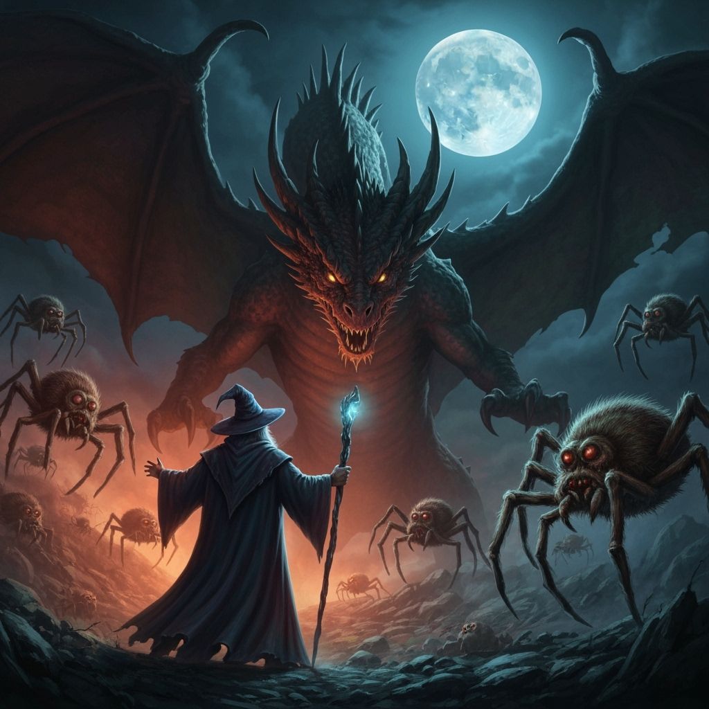 Wizard Battles Dragon and Spiders Under Halloween Moon