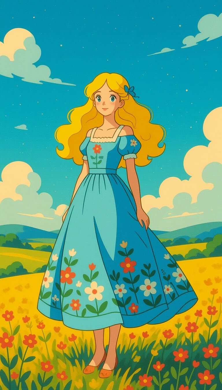 Woman in Blue Dress, Whimsical Animated Style