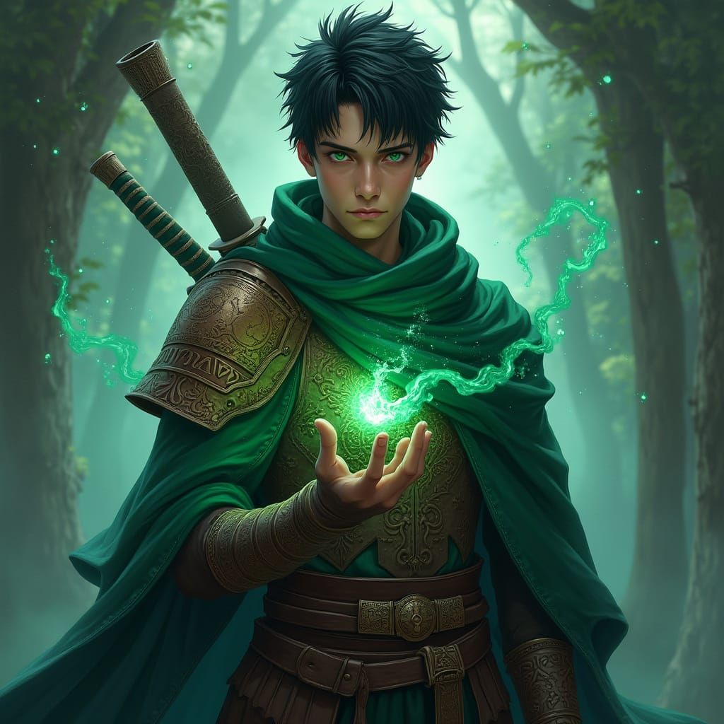 Half-Elf Mage in Earth-Toned Armor, Katana at the Ready