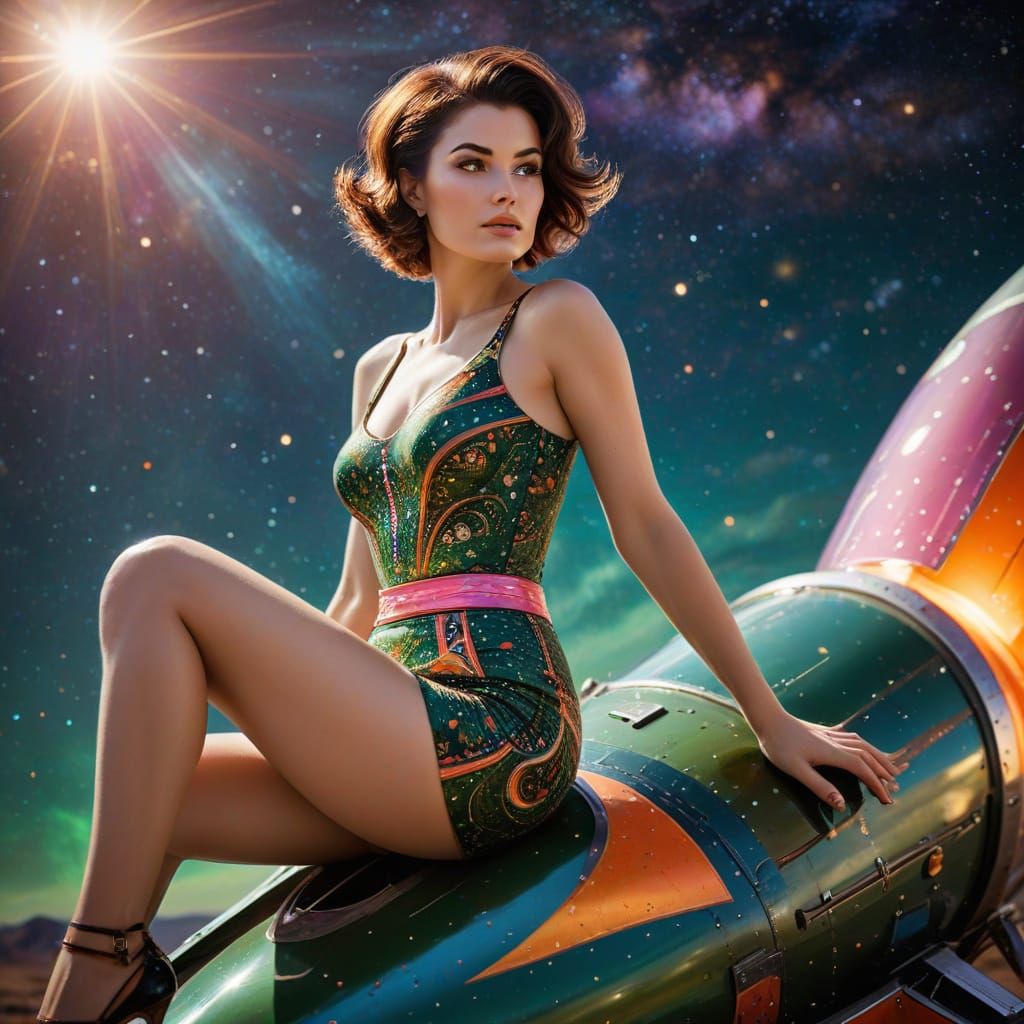 Retro Futuristic Pinup Girl Blasts Off