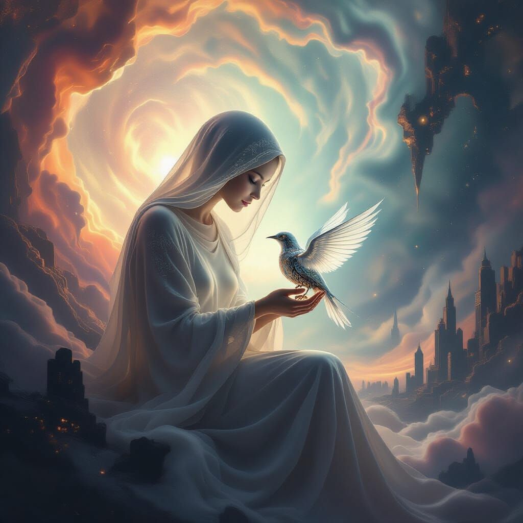 Ethereal Mother and Mechanical Bird in Abstract Void